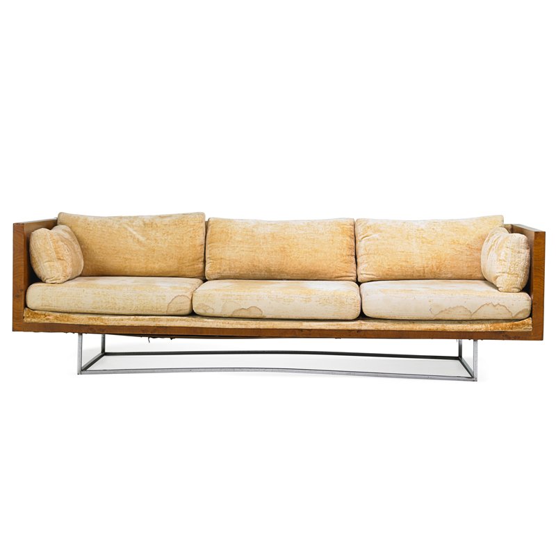 MILO BAUGHMAN; THAYER COGGIN Sofa: MILO BAUGHMAN (1923 - 2003) THAYER COGGIN Sofa, High Point, NC, 1970s Olive burl, chromed steel, upholstery Upholstery label 25 1/2" x 84" x 35"