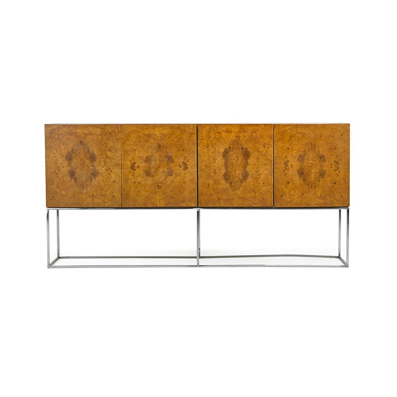 MILO BAUGHMAN; THAYER COGGIN Cabinet: MILO BAUGHMAN (1923 - 2003) THAYER COGGIN Cabinet, High Point, NC, 1970s Olive burl, chromed steel Unmarked 34 1/2" x 72" x 18 1/4"