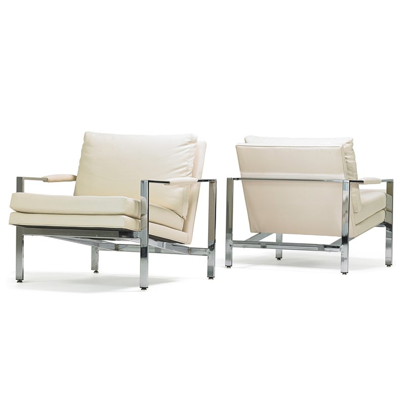MILO BAUGHMAN; THAYER COGGIN Pr. lounge chairs: MILO BAUGHMAN (1923 - 2003) THAYER COGGIN Pair of lounge chairs, High Point, NC, 1970s Chromed steel, leather Upholstery labels 29" x 29" x 32"