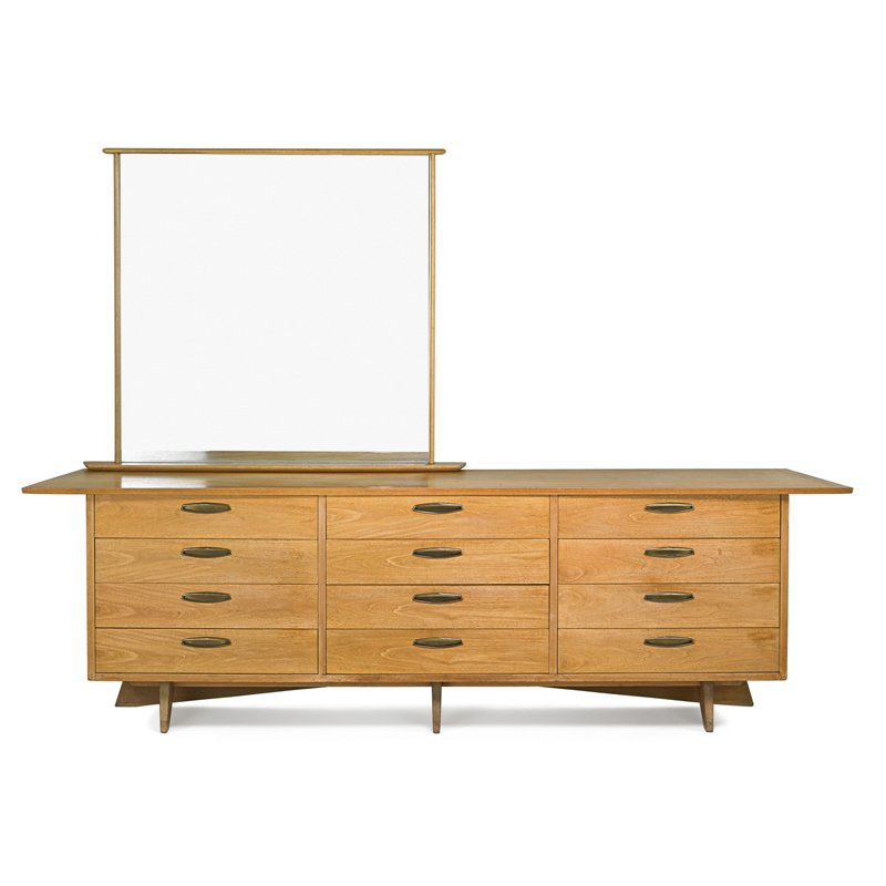 G. NAKASHIMA; WIDDICOMB Triple dresser and mirror: GEORGE NAKASHIMA (1905 - 1990) WIDDICOMB Triple dresser and mirror, Sundra finish, Grand Rapids, MI, 1950s Bleached walnut, brass Branded George Nakashima, Widdicomb label Dresser: 32 1/2" x 105 1/2" 