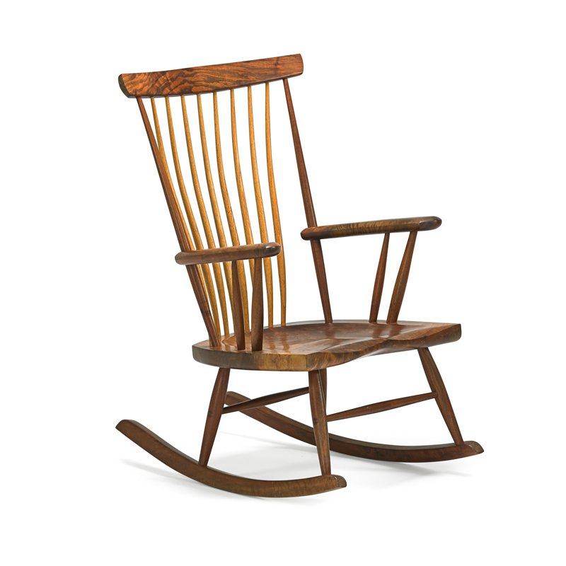 MICHAEL ELKAN Rocking chair: MICHAEL ELKAN (1942 - 2014) Rocking chair, Silverton, OR, 1983 Figured walnut, hickory Signed and dated 39 3/4" x 25 3/4" x 32 1/2"
