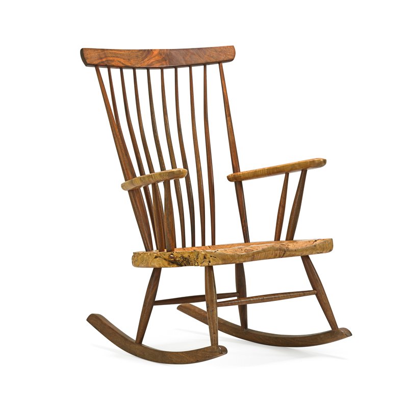 MICHAEL ELKAN Rocking chair: MICHAEL ELKAN (1942 - 2014) Rocking chair, Silverton, OR Myrtle burl, walnut Unmarked 39 3/4" x 25 3/4" x 32 1/2"