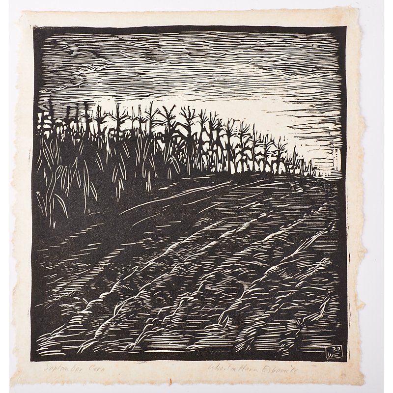 WHARTON ESHERICK Woodblock print, "September Corn": WHARTON ESHERICK (1887 - 1970) Woodblock print on rice paper, "September Corn," 1922 Pencil signed and titled, chop mark and date in image Sheet: 9 3/4" x 9 1/4"