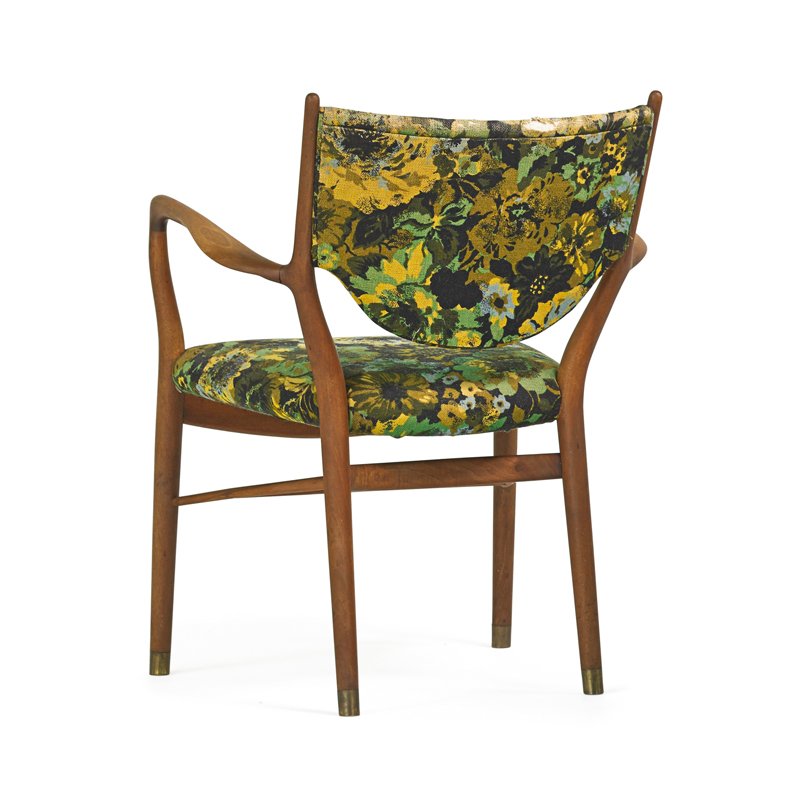 FINN JUHL; NIELS VODDER NV-46 chair: FINN JUHL (1912 - 1989) NIELS VODDER NV-46 chair, Denmark, 1960s Sculpted teak, upholstery Branded 32 1/2" x 26" x 24"