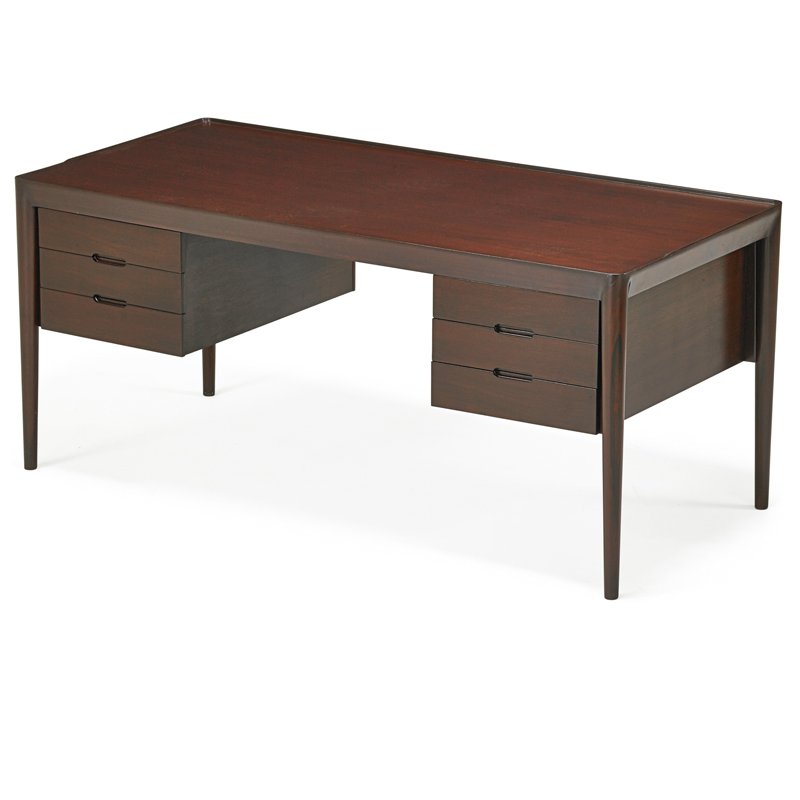 SEVERIN HANSEN; HASLEV Desk: SEVERIN HANSEN HASLEV Desk, Denmark, 1960s Rosewood Stamped Made in Denmark 28 1/4" x 63" x 29 3/4"