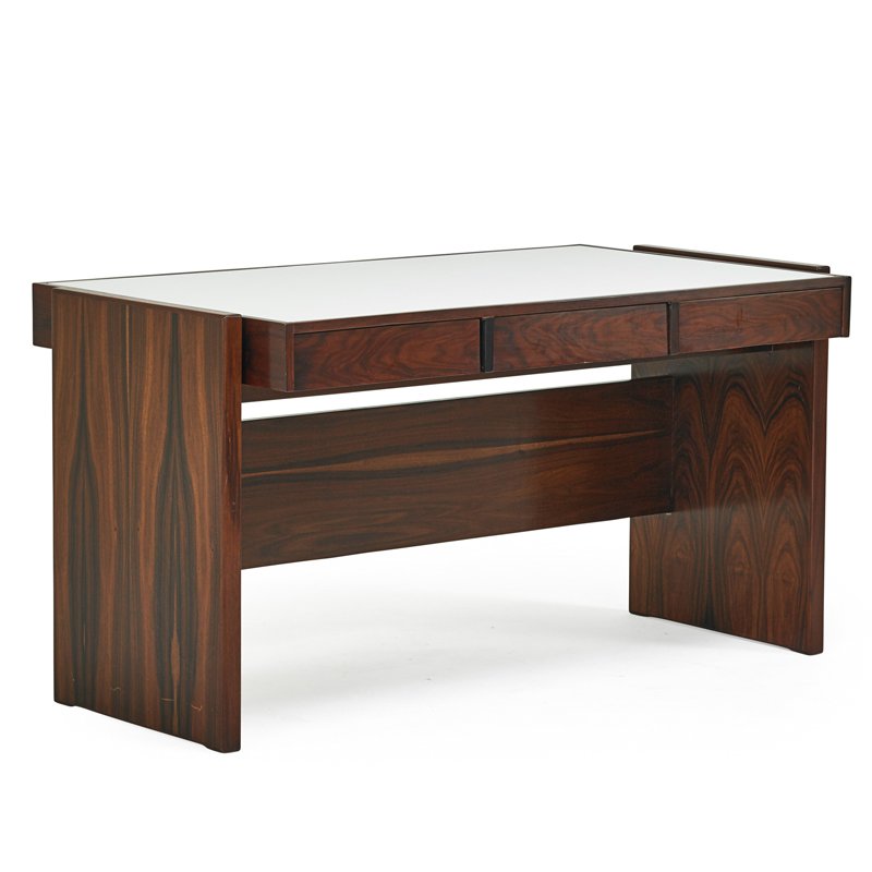 JOAQUIM TENREIRO (Attr.) Desk: JOAQUIM TENREIRO (Attr.) (1906 - 1992) Desk, Brazil, 1960s Rosewood, reverse-painted glass Unmarked 28 1/2" x 54 1/2" x 29 1/2"