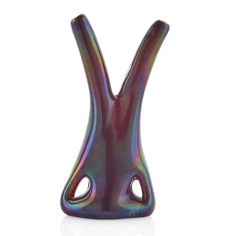 GIORGIO FERRO; A.V.E.M. Anse Volante glass vase: GIORGIO FERRO A.V.E.M. Anse Volante vase, Murano, Italy, 1952 Iridized blown glass Unmarked 6 1/2" x 3"