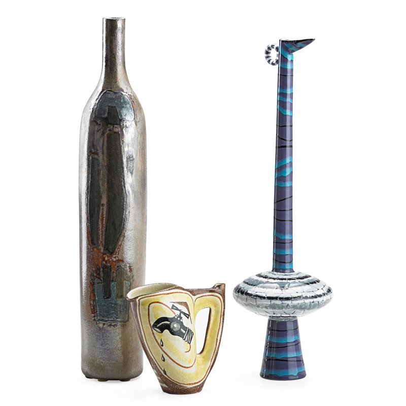 ITALIAN Mid-century ceramics: ITALIAN Three mid-century glazed ceramic vessels: San Polo Venezia tall pitcher, Ed Langbein Crying Pitcher, and tall iridescent vase by Milanese artist (illegible signature) All marked Tallest: 25"