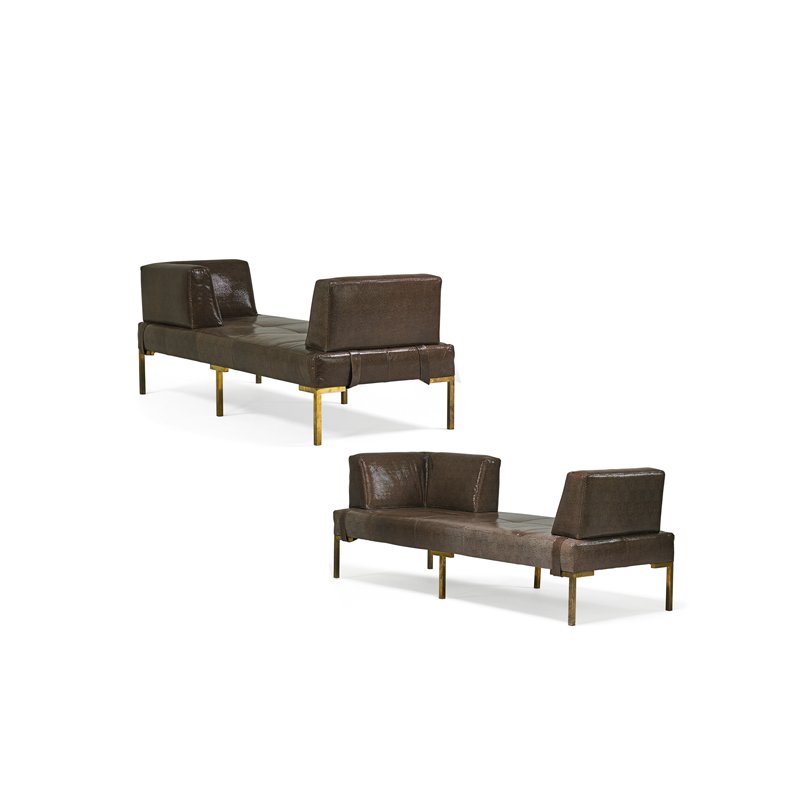 LUIGI GENTILE Two daybeds: LUIGI GENTILE (b. 1966) LUIGI GENTILE Two daybeds Two daybeds, New York, 2000s Brass, printed leather Unmarked 29" x 76" x 31" Provenance: Luigi Gentile