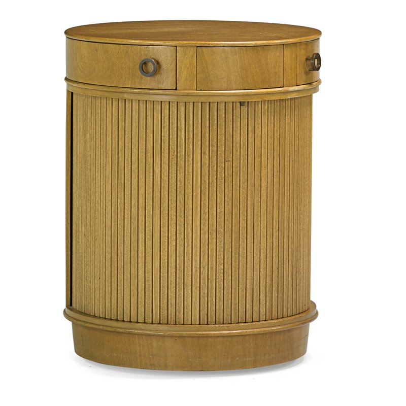 WORMLEY; DUNBAR Side table: EDWARD WORMLEY (1907 - 1995) DUNBAR Side table (no. 4556), Berne, IN, 1940s Bleached mahogany, brass Paper label 27" x 21" dia.