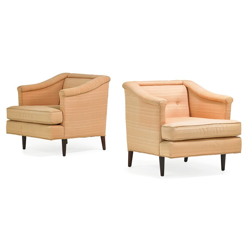 WORMLEY; DUNBAR Rare pair of lounge chairs: EDWARD WORMLEY (1907 - 1995) DUNBAR Rare pair of lounge chairs, Berne, IN, 1940s Rosewood, upholstery Unmarked 28" x 28" x 32"