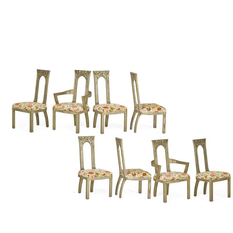 JAMES MONT; JAMES MONT DESIGNS Eight dining chairs: JAMES MONT (1904 - 1974) JAMES MONT DESIGNS Set of eight dining chairs, New York, 1950s Carved and silvered oak, embroidered upholstery Unmarked Armchair: 41 1/2" x 25" x 23", side chairs: 41 1/2" x 2