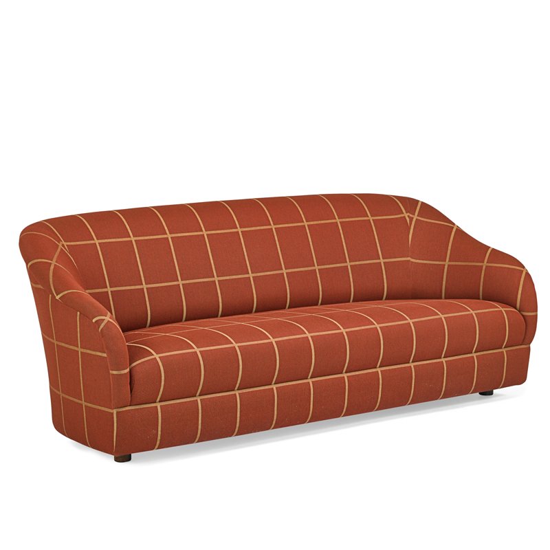 WARD BENNETT; BRICKEL Sofa: WARD BENNETT (b. 1917) BRICKEL ASSOCIATES Sofa, USA, 1970s Stained wood, upholstery Unmarked 31" x 82 1/2" x 34"