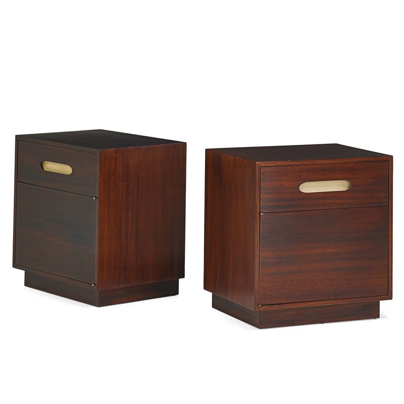 HARVEY PROBBER Pair of nighstands: HARVEY PROBBER (1922 - 2003) Pair of nightstands, Chicago, IL, 1960s Mahogany, leather Metal labels 25 3/4" x 24" x 18"