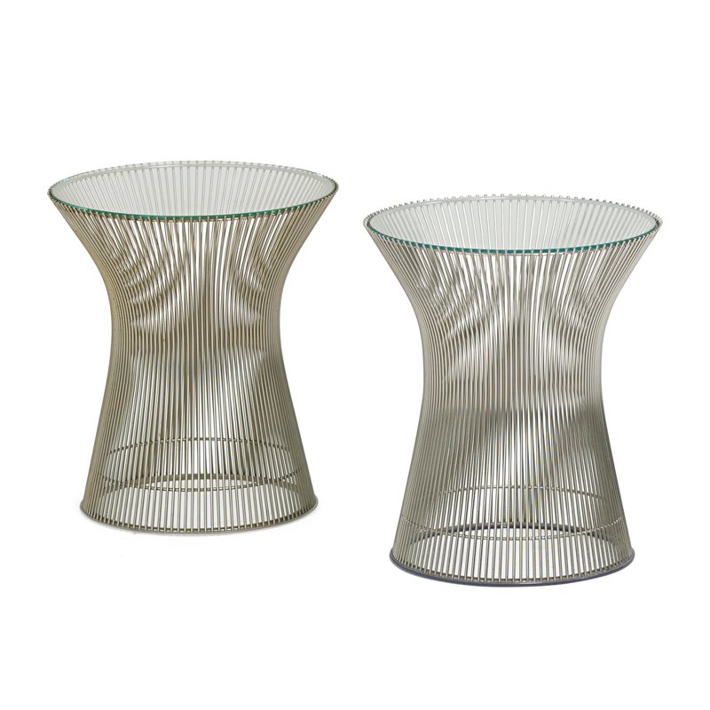 WARREN PLATNER; KNOLL Pair of side tables: WARREN PLATNER (1919 - 2006) KNOLL INTERNATIONAL Pair of side tables, New York, 1980s Nickeled steel, glass Unmarked 18" x 16" dia.