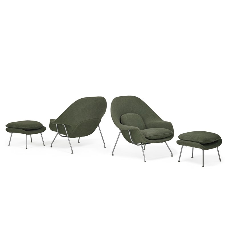 EERO SAARINEN; KNOLL Pair of Womb chairs: EERO SAARINEN (1910 - 1961) KNOLL ASSOCIATES Pair of Womb chairs and ottomans, New York, 1970s Enameled metal, upholstery Unmarked Chairs: 31" x 41" x 37", ottomans: 15" x 25" x 21"