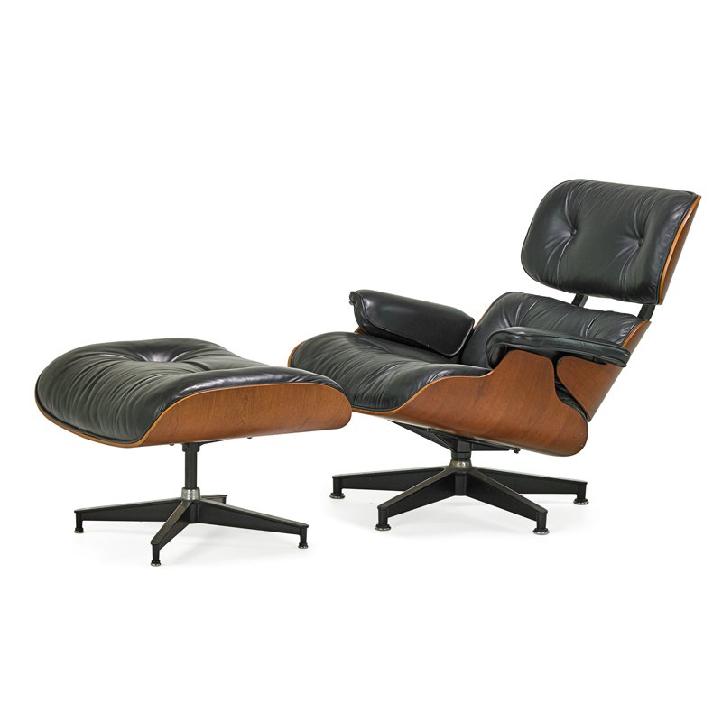 CHARLES AND RAY EAMES Lounge and ottoman: CHARLES EAMES (1907 - 1978) RAY EAMES (1912 - 1988) HERMAN MILLER Lounge chair and ottoman (no. 670 and 671), Zeeland, MI, 1980s Cherry, leather, enameled aluminum, enameled steel, rubber Foil labels 