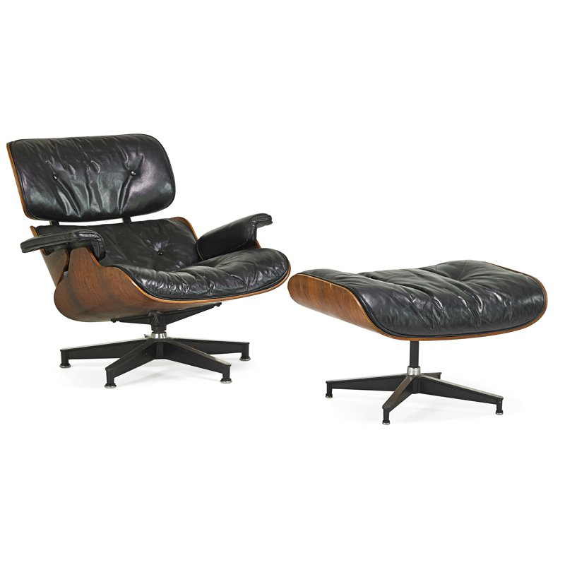CHARLES AND RAY EAMES Lounge chair and ottoman: CHARLES EAMES (1907 - 1978) RAY EAMES (1912 - 1988) HERMAN MILLER Lounge chair and ottoman (no. 670 and 671), Zeeland, MI, 1970s Rosewood, leather, enameled aluminum, enameled steel, rubber Chair and 