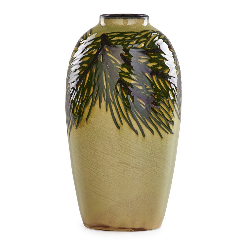 MAX LAEUGER Vase with pine boughs: MAX LAEUGER (1864 - 1952) Faience vase enamel-decorated with pine boughs, Germany, ca. 1900 Incised KTK mark and 737 8 1/4" x 4"