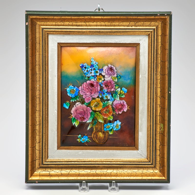 CAMILLE FAURE: Framed Limoges plaque "Roses et Girotlees", France, ca. 1920; Signed and accompanied by a Certificate of Authenticity; 13" x 11" x 2"