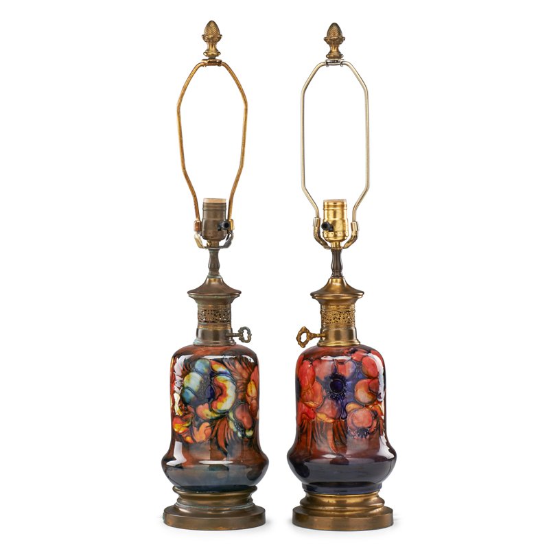 MOORCROFT: Two Anemone lamp bases, England, 1928-49; Markings not visible; To top of harps: 27" x 6", to top of base: 10"