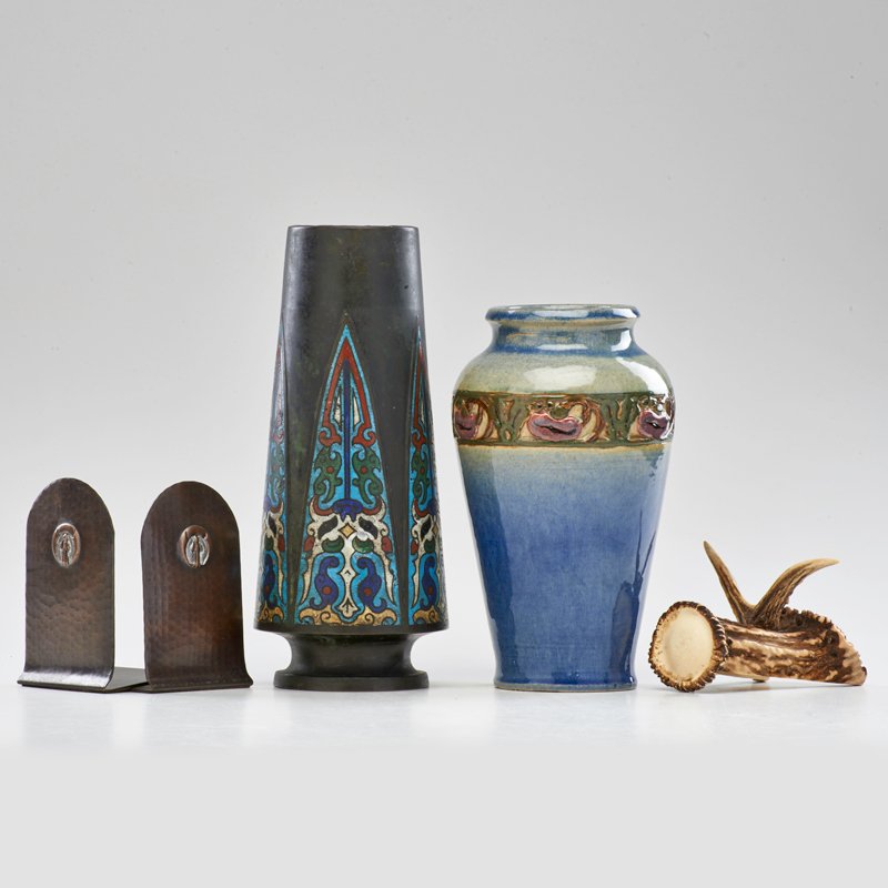 CRAFTSMAN STUDIOS; ETC: Pair of hammered copper book ends, Laguna Beach, CA, ca. 1937; Together with copper vase, glazed ceramic vase, and antler knife rest; Bookends marked; Tallest: 10 3/4" x 4 1/2"