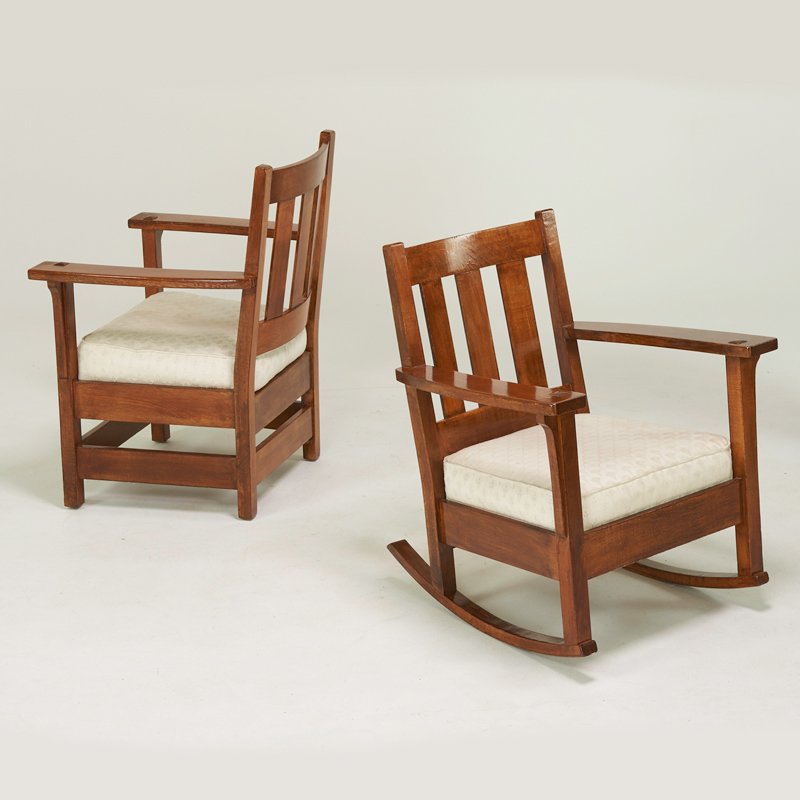 LIMBERT: Armchair and rocker, each with three vertical backslats, Grand Rapids, MI, ca. 1910; Quartersawn oak, upholstered drop-in spring seats; Branded marks; Armchair: 36 1/2" x 27 1/4" x 25", rocker: 33" x 