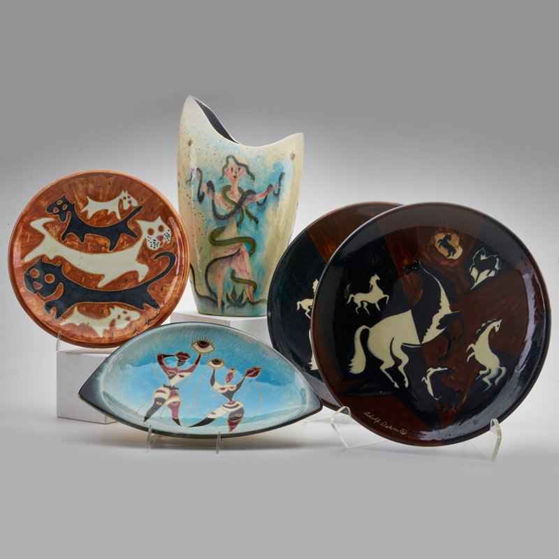 ADOLF DEHN, ETC.; STONELAIN: Four pieces by Adolf Dehn: vase with Eve, pair of chargers with horses, and plate with cubist dancers, together with cats and dogs charger marked Prats, USA, 1950s; All with impressed Stonelain mark; 