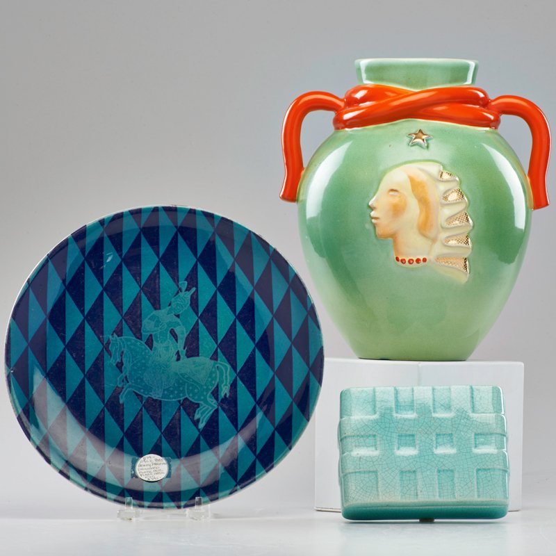 CERAMIC GROUP: Three pieces: Henry Dreyfuss for the Plaza Hotel plate, two-handled vase, and lidded box, early 20th c.; All marked; 10" x 8 1/2"