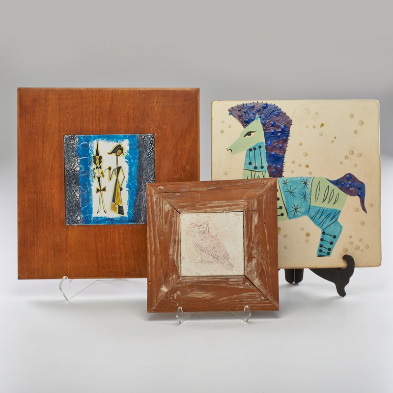 STYLE OF SASCHA BRASTOFF; ETC: Horse plaque, mounted Capacci tile and framed Carl Walters owl tile, USA/Italy, mid 20th c.; Tiles signed; Tallest: 16 1/2" x 16"