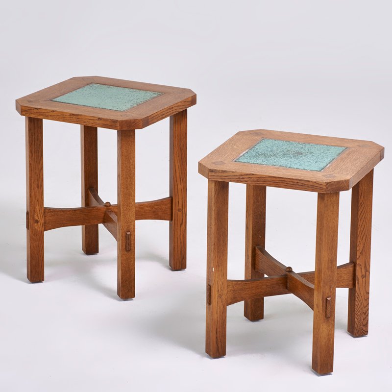 STICKLEY BY E.J. AUDI: Contemporary pair tile-top clip-corner sidetables in the style of Gustav Stickley, Manilus, NY, 2002; Quartersawn oak, ceramic tile; Branded mark, metal tag;