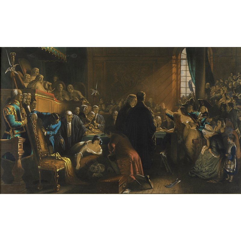 AFTER ROBERT SCOTT LAUDER (British, 1803-1869): Hand colored engraving after "The Trial of Effie Dean" (framed); Publisher: Frederick Bromley; 22 1/4" x 36 1/4" (sheet)