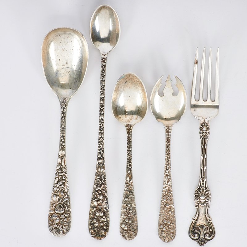 AMERICAN ORNAMENTAL STERLING FLATWARE: Steiff "Princess", ca. 1915-1930: (6) ice cream spoons, 5 3/4"; (6) iced tea spoons, 8"; (1) berry spoon, 7 1/4"; (1) teaspoon, 5 7/8". Whiting "King Edward", ca. 1901: (6) luncheon forks, 6 3/4". 20 