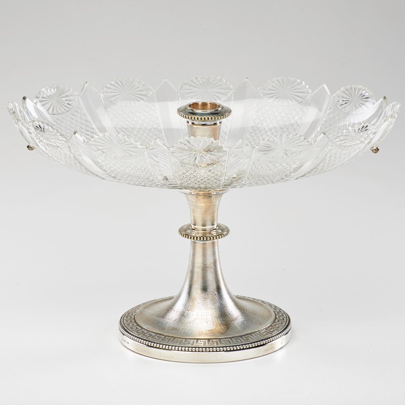 CHRISTOFLE: Art Deco centerpiece with silver-plated base and cut crystal bowl, Paris, early-mid 20th c.; Silver-plate marked; 9 1/2" x 15 1/2" x 9 1/2"