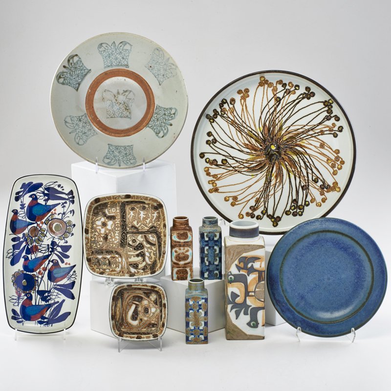 ELLEN MALMER; ROYAL COPENHAGEN; ETC: Ten pieces: Malmer dish, two square dishes, one rectangular dish, four vases, Denmark, ca. 1970s; Together with similar bowl and dish; Most marked; Malmer: 2" x 13"