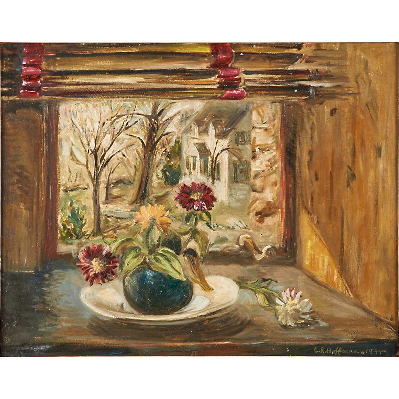 ELIZABETH R. HOFFMAN (American, 20th c.): Oil on board still life at the window, 1944 (framed); Signed and dated; 16" x 20"