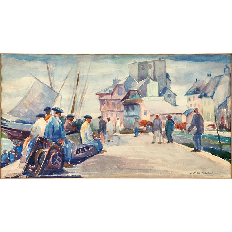 JOSEPH NEWMAN (American, 1890-1979): Watercolor on paper of men along a dock (framed); Signed; 12 1/4" x 21 7/8" (sheet)