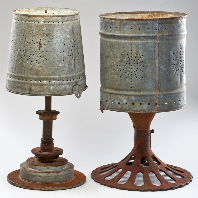 FOLK ART LIGHTING: Two table lamps made with found objects; Tin, cast iron; Unmarked; Taller: 22 1/4" x 13 1/2"