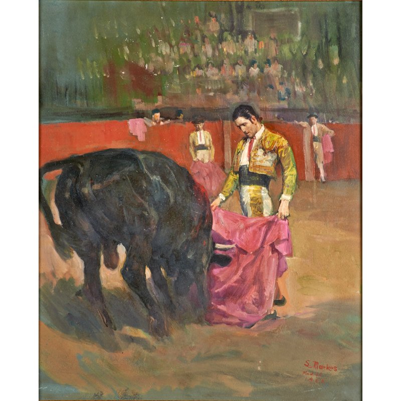 LAJOS MARKOS (Hungarian/American, 1917-1993): Two oil on Masonite paintings: Matador and bull, Madrid, 1964 (framed), signed and dated, 17" x 22 3/4"; Inlet scene (framed), signed, 15 3/4" x 20"