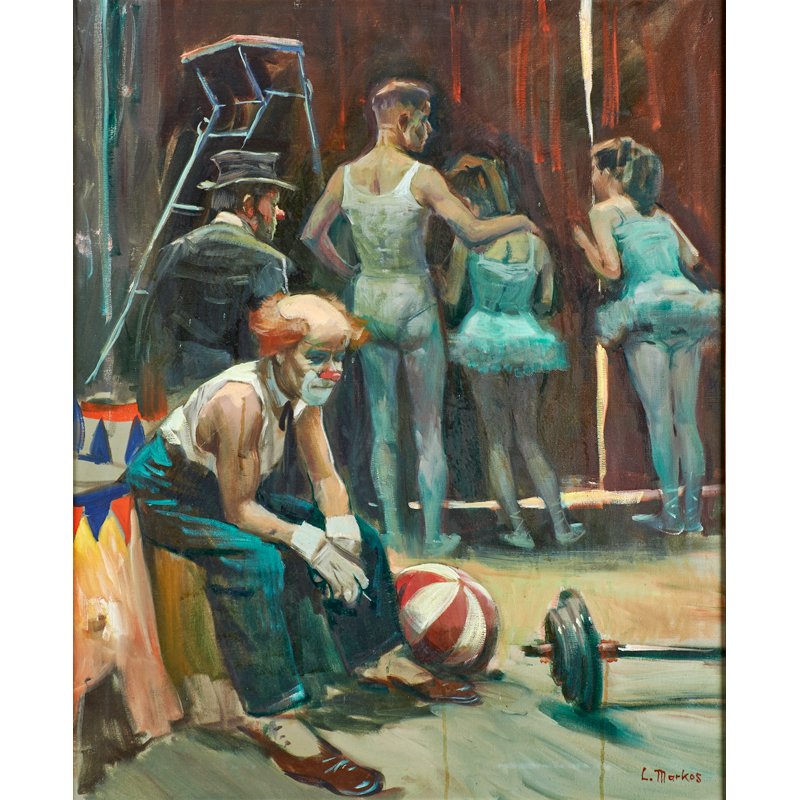 LAJOS MARKOS (Hungarian/American, 1917-1993): Oil on canvas of performers backstage (framed); Signed; 30" x 24"