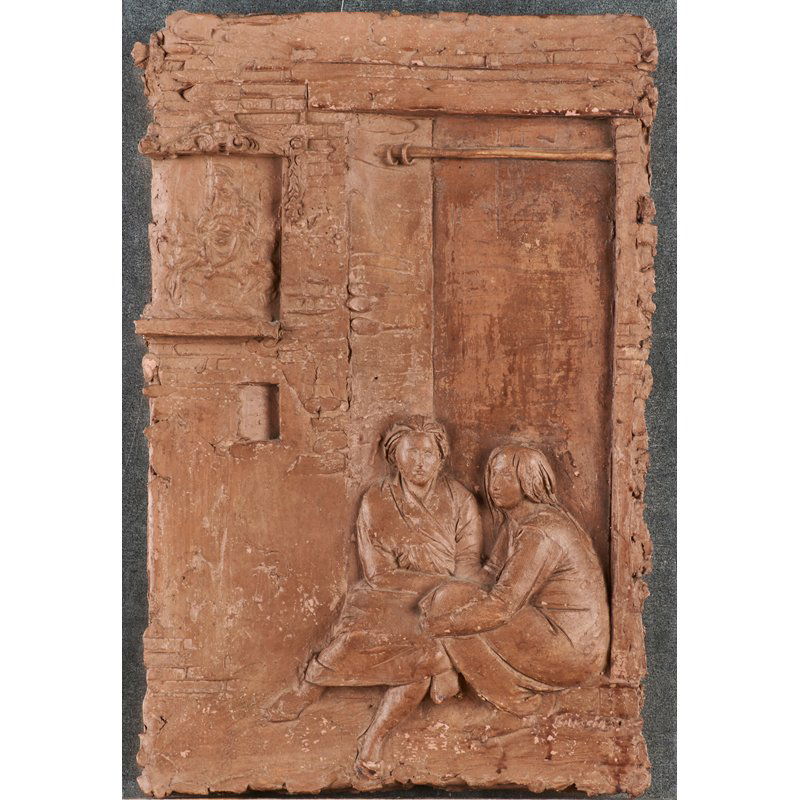 BRUNO LUCCHESI (American, b. 1926): Terra cotta relief of figures in a doorway; Signed; 17 3/8" x 11 1/2"