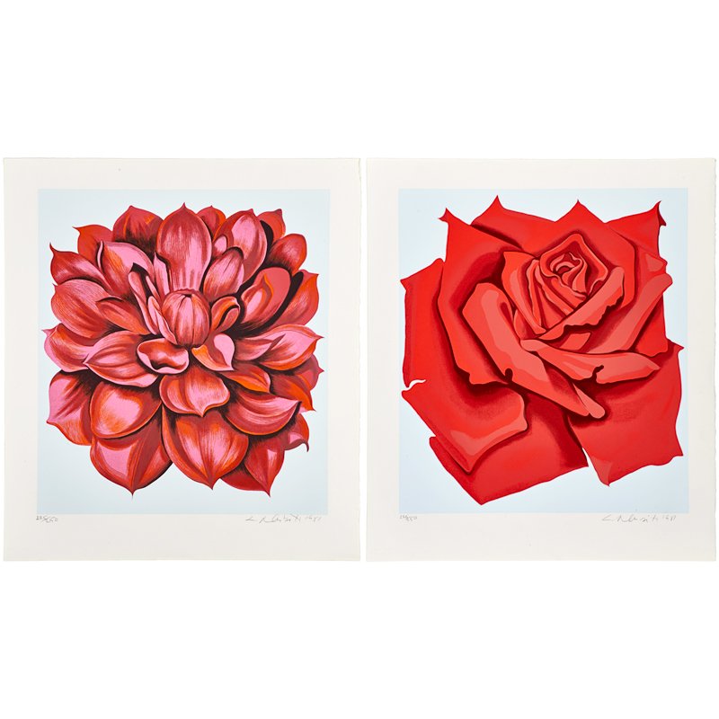 LOWELL NESBITT (American, 1933-1993): Two screenprints in colors on paper; "Dahlia (US Postal Service Stamp Art)," 1981; "Rose (US Postal Service Stamp Art)," 1981; Both signed, dated and numbered 225/250; Each: 24 1/2" x 21 1/2"