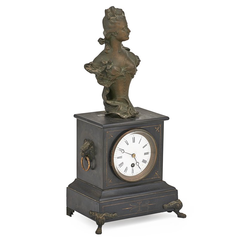 FRENCH MARBLE MANTEL CLOCK: Spelter bust on black marble base, eight day time only movement, ca. 1900; Signed "H. Allonardi"; 12 2/3" x 7 1/2" x 5 1/4"