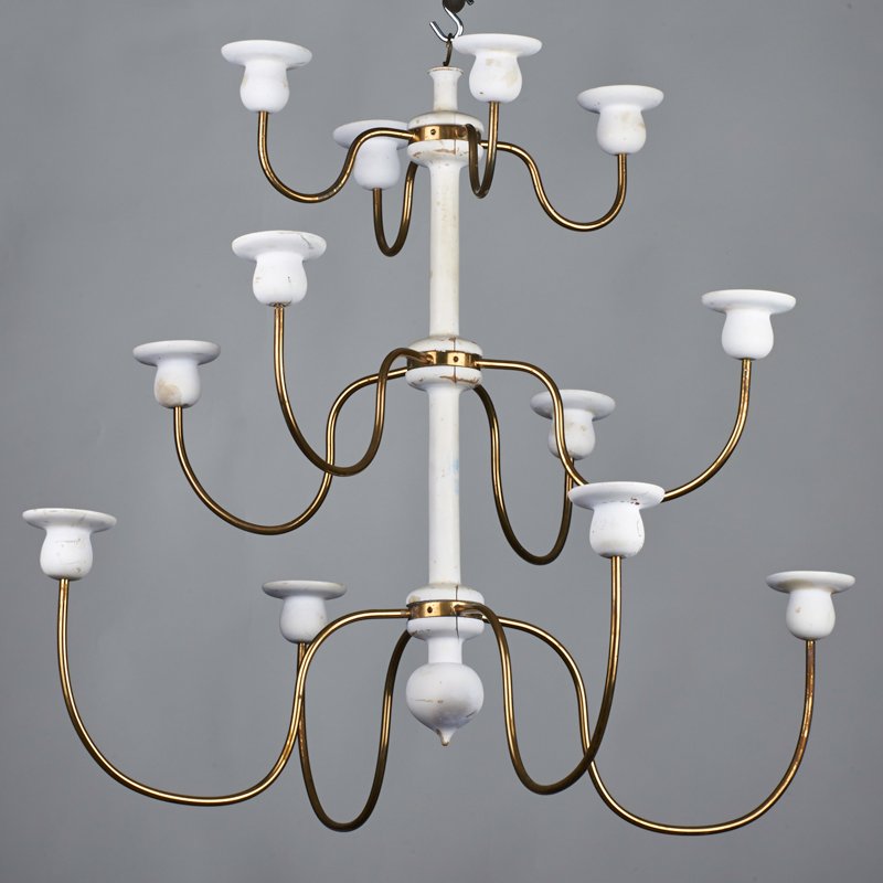JOSEF FRANK; SVENSKT TENN: Hanging candelabrum, Sweden, 1950s; Brass, painted wood; Unmarked; 21" x 22 1/2" dia.