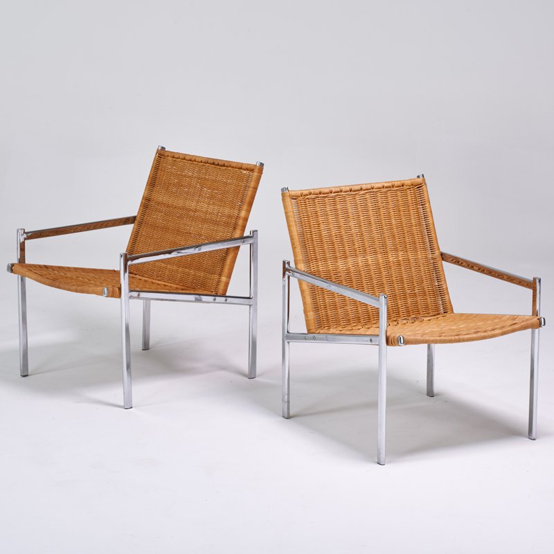 MARTIN VISSER (Attr.): Pair of lounge chairs, The Netherlands, 1960s; Chromed steel, woven wicker; 29 1/2" x 22 1/2" x 27"