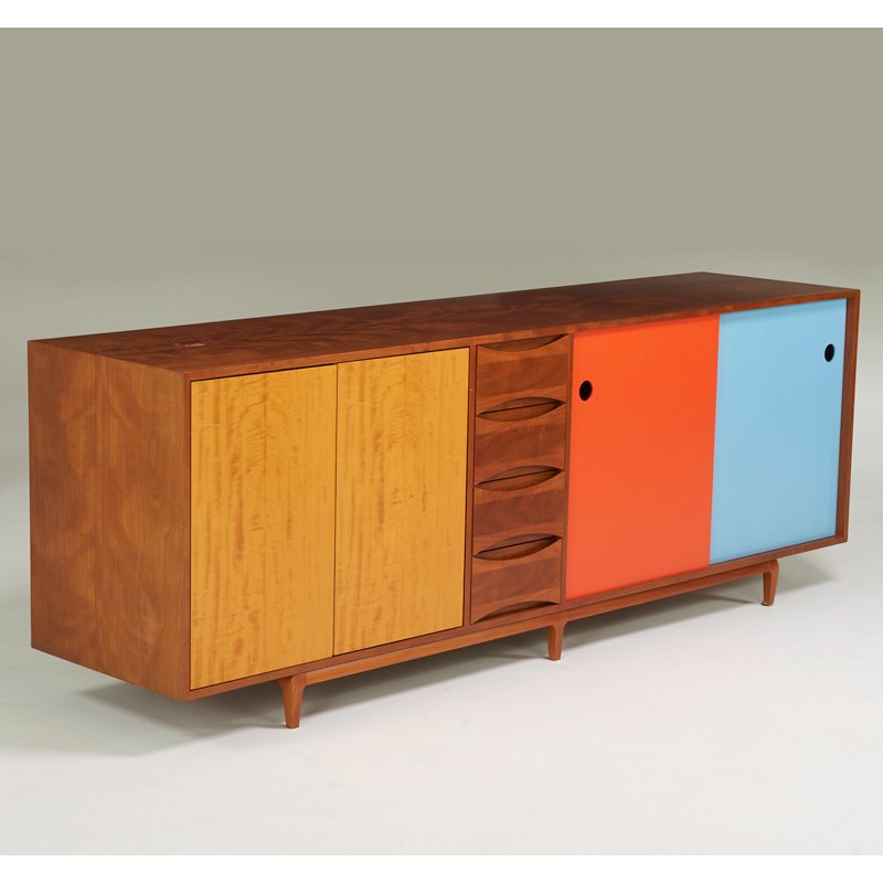 STYLE OF ARNE VODDER: Cabinet, ca. 1990s; Teak, enameled wood; Unmarked; 33" x 93" x 22"
