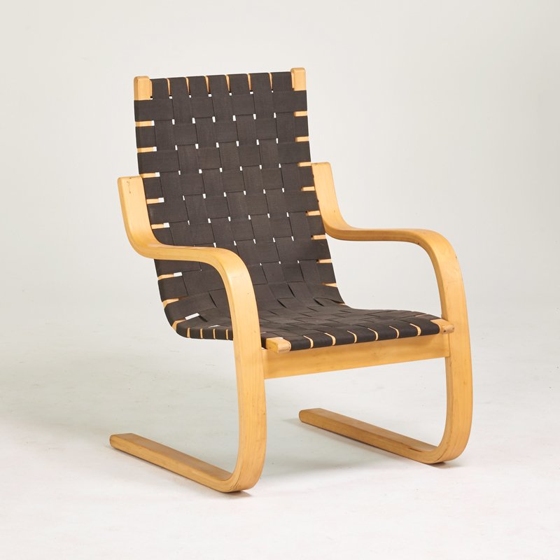 ALVAR AALTO; ARTEK: Cantilever lounge chair, Finland, 1980s; Birch, plywood, canvas webbing; Unmarked; 34" x 24" x 29"