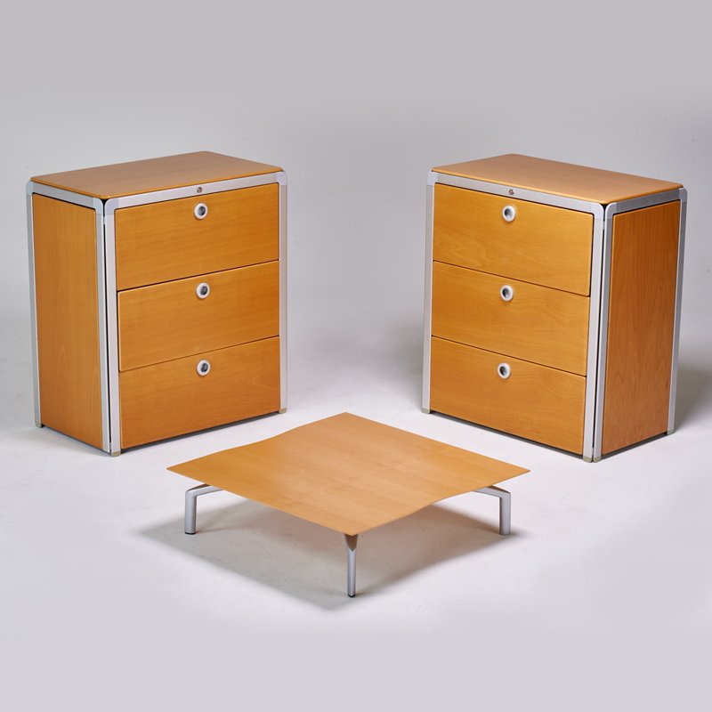 ARNE JACOBSEN: Pair of "D-Job" file cabinets and low table, Denmark, 1990s; Beech, aluminum, plastic, birch, enameled metal; Unmarked; Cabinet: 38 1/2" x 34" x 20 1/2", low table: 9" x 33" sq.