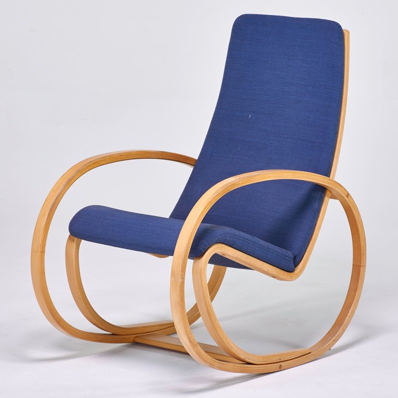 JORGEN GAMMELGAARD: "EJ25" mobile rocker, Denmark, 1981; Laminated beech, upholstery; Unmarked; 40" x 23" x 36