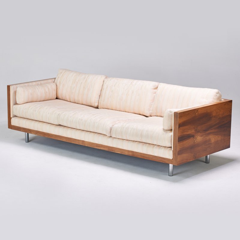 DANISH: Three-seat sofa, 1970s; Rosewood, chromed steel, upholstery; Unmarked; 28" x 86" x 34"